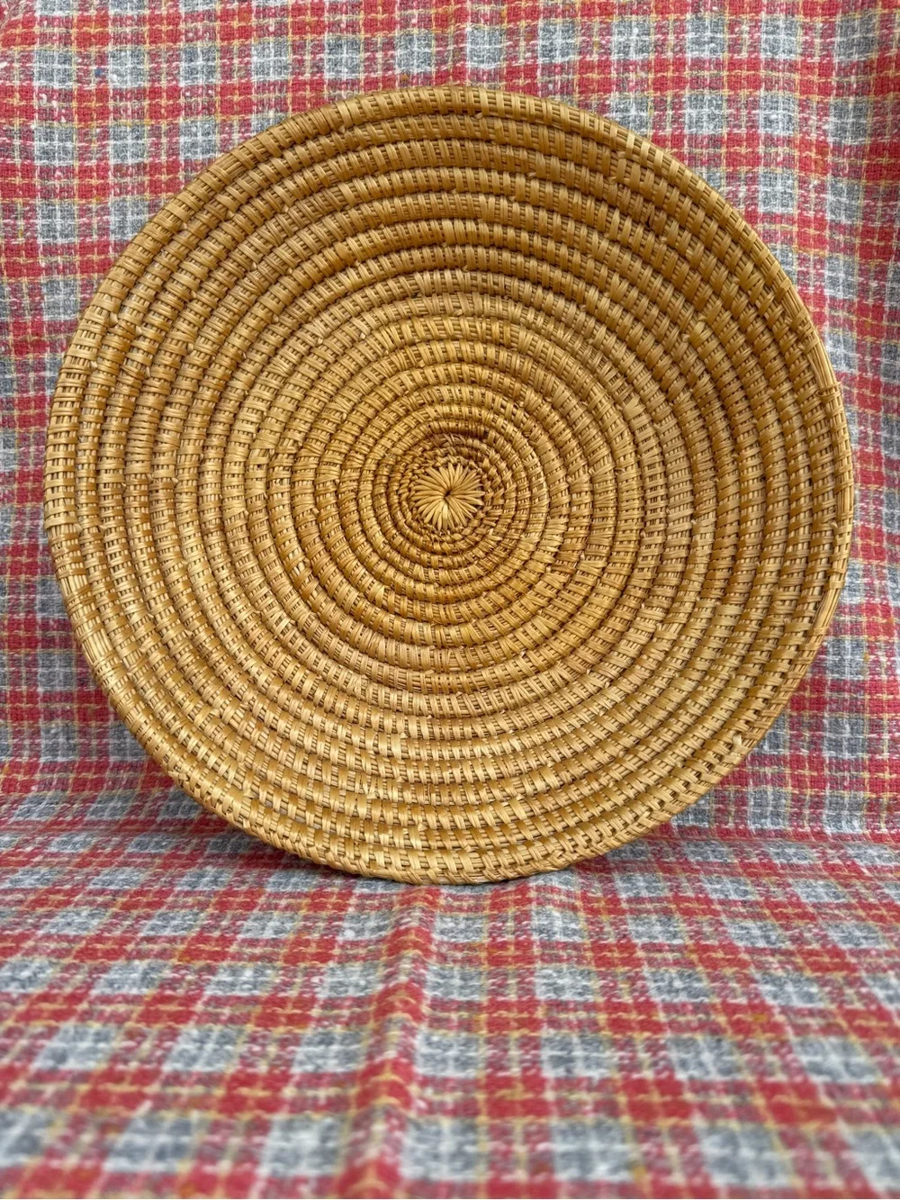 Vintage coiled woven straw basket tray round boho wall decor